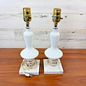 Vintage Leviton Milk Glass Table Lamp with Marble Base‎ Brass Socket Qty 2  12"